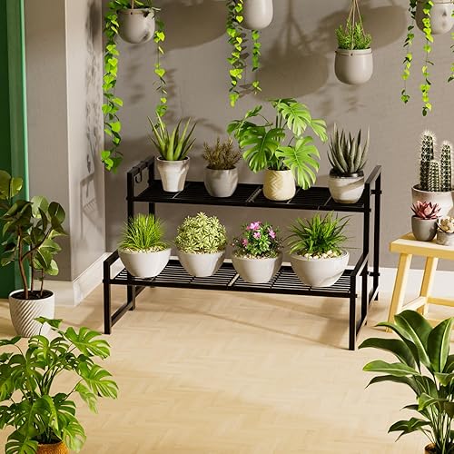 Miniatura 2 de Garden 4 you Soporte de metal de 2 niveles para plantas al aire libre e interior, impermeable, apilable, resistente, estante alto para plantas,