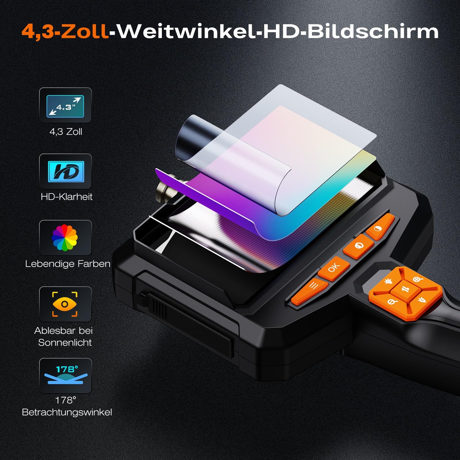 Endoskopkamera mit Licht 5M, 4,3-Zoll 1080P HD Endoskop Kamera Handy | Rohrkamera mit 8 Einstellbaren LED Licht, Ip67 Wasserdichtes Halbstarrer Inspektionskamera, Kanal-Kamera für Automobilmotor