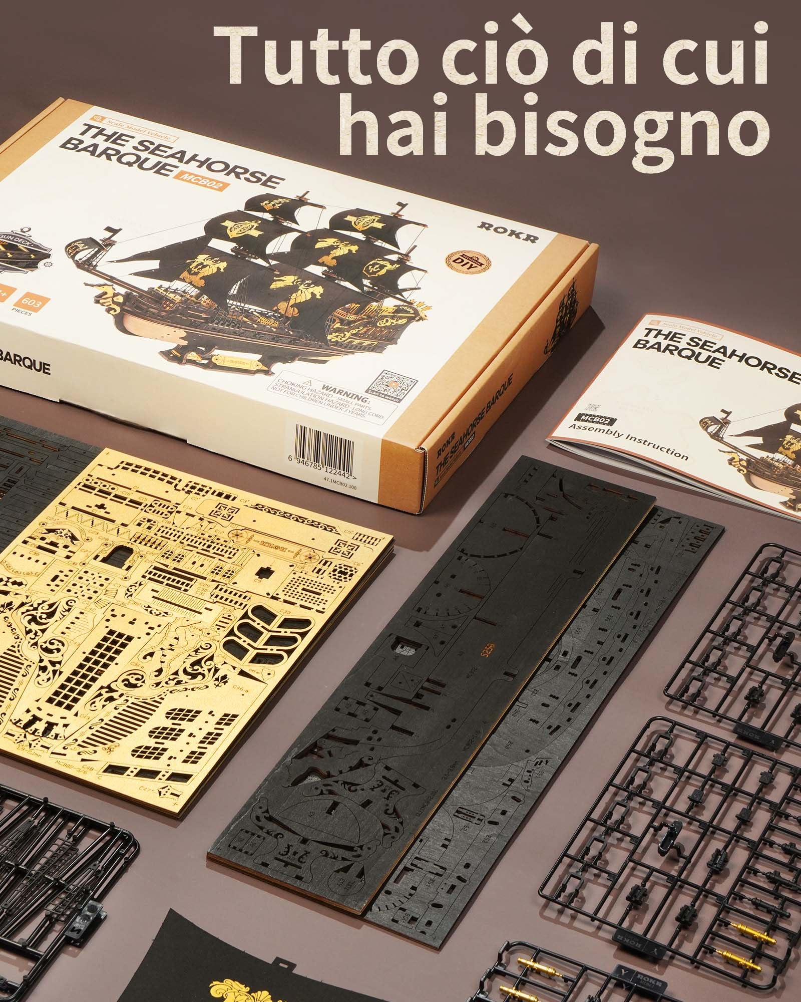 ROKR Kits de Maquetas de Barcos de Madera Con Rompecabezas 3D Para Adultos, Velero Mecánico DIY, Maquetas Para Adultos, The Seahorse Barque MCB02