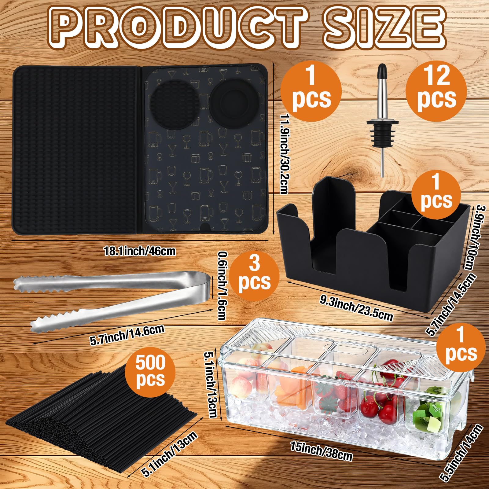 Didaey Bar Accessories - Bandeja de decoración con tapa, 12 vertedores de botellas de acero inoxidable, 3 pinzas para servir, 500 pajitas de cóctel, suministros de barman para barman