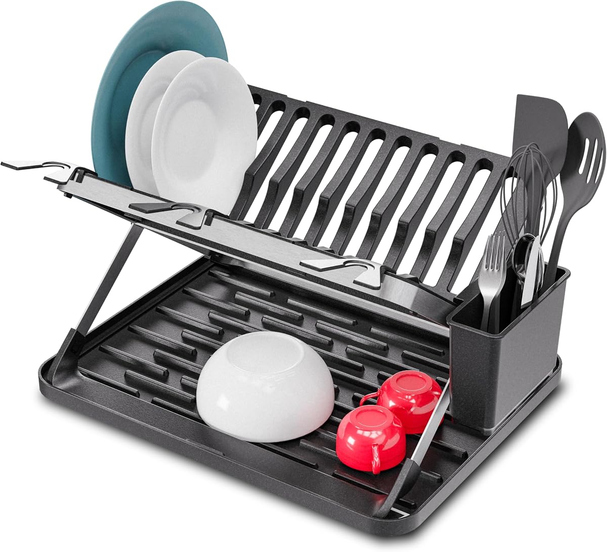 Dish Drying Rack for Kitchen Counter | X-Shape Foldable Design with Drip Tray and Holder for Utensils and Wine Glasses