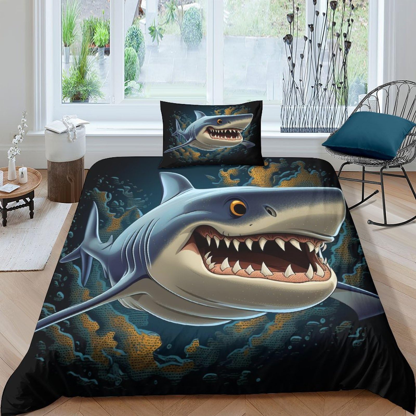 Housse de couette requin 3D sans repassage parure lit enfant douillette