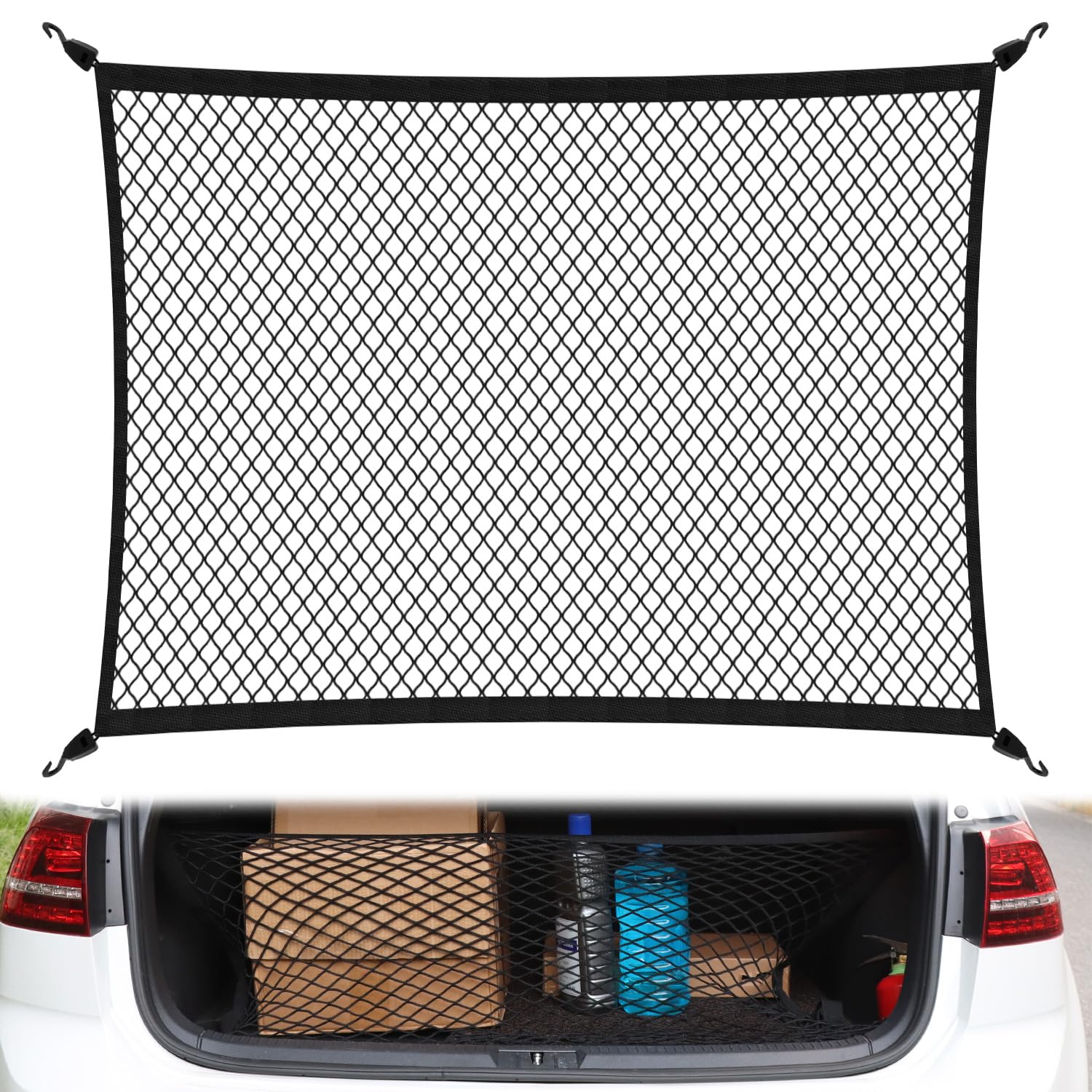 QWORK® Filet Coffre Voiture hautement élastique, Extensible de 80 x 100 cm à 140 x 210 cm, Filet à Bagages de Voiture avec Crochets, idéal pour Les Charges légères