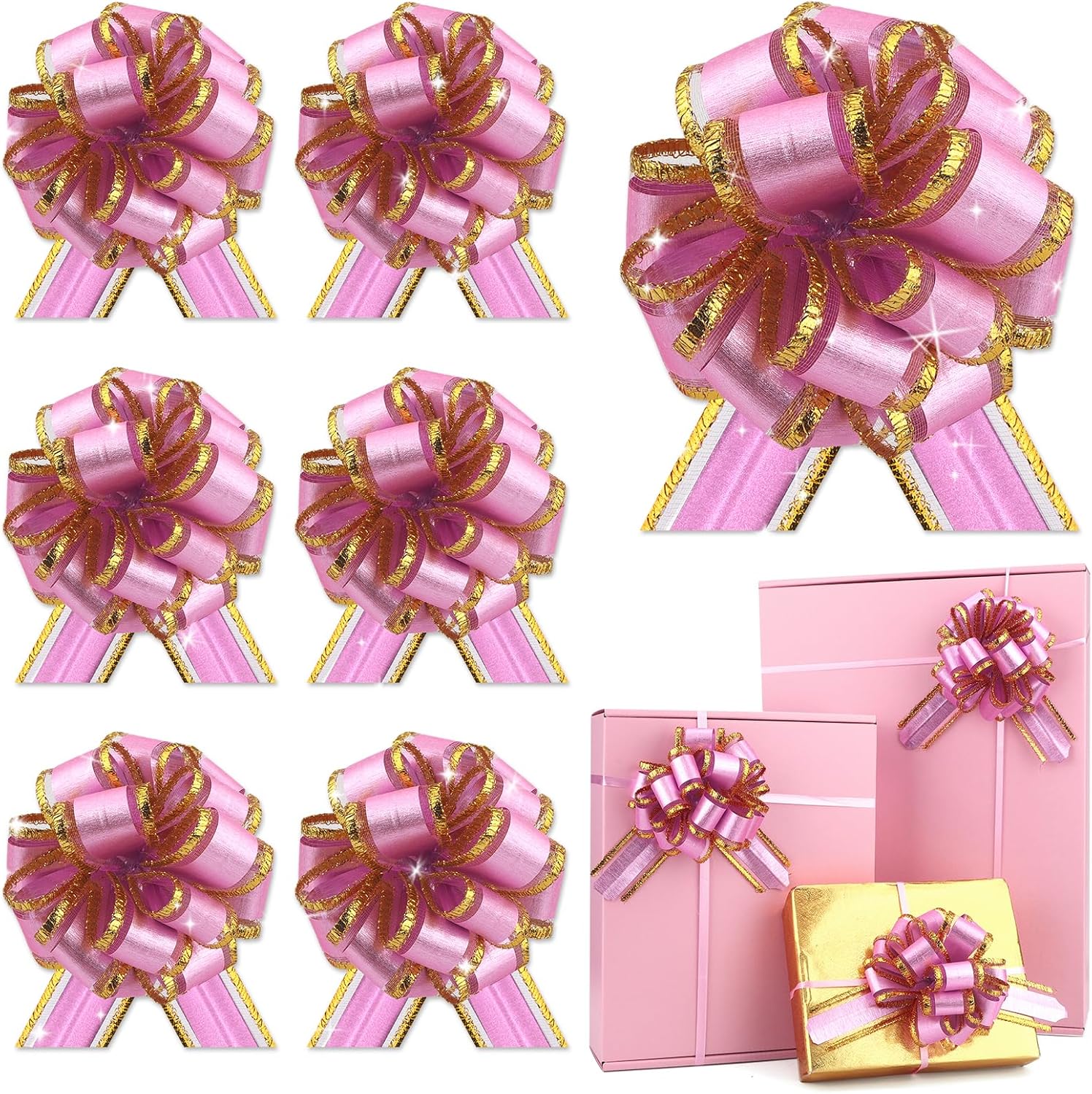 6 Pcs Pink Gift Bow Ribbon Pull Bows for Gift Basket Warpping Christmas Party Birthday Wedding Wrap Ribbon Organza Bow for Present Boxes Flower Valentine's Day (Pink-DD)