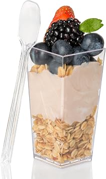 Ilyapa 3oz Plastic Dessert Cups - 100 Pack Mini Dessert Cups with Spoons - Clear Reusable Small Appetizer Cup for Cheesecake Shooters, Chocolate Mousse, Parfait - Party and Catering Supplies - Square