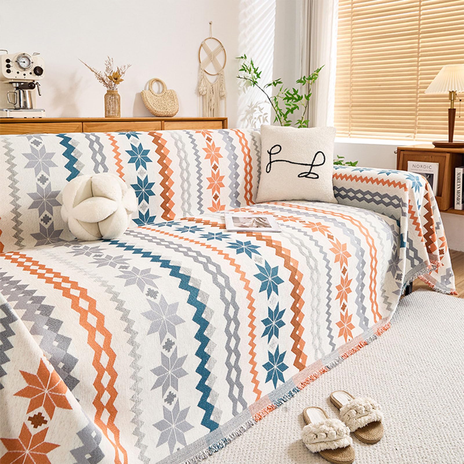 Plaid de canapé bohème anti-griffures jeté chenille lavable adapté aux animaux