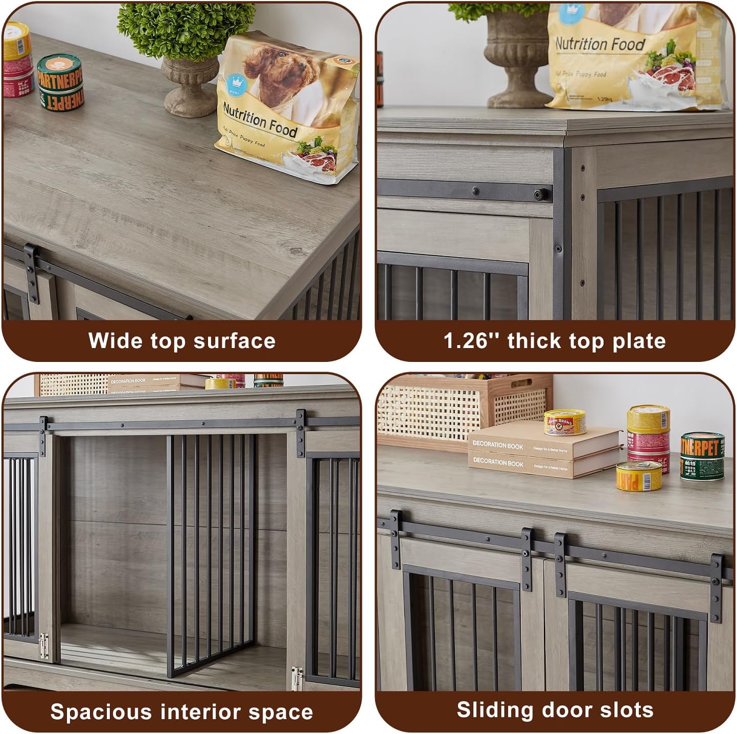 IchbinGo Large Wooden Dog Crate Furniture with Sliding Barn Door, 60.6" Indoor Kennel with Divider, TV Stand XXL for Large Dog or 2 Medium Dogs