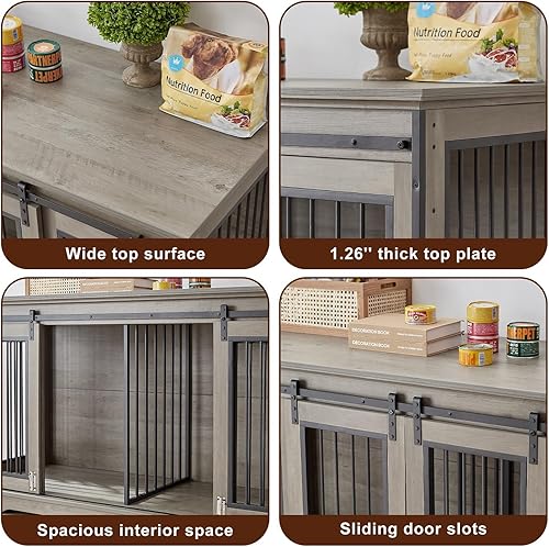 Miniatura 4 de IchbinGo Mueble grande de madera para perros con puerta corrediza de granero, perrera interior de 60.6 pulgadas con divisor, soporte de TV XXL para
