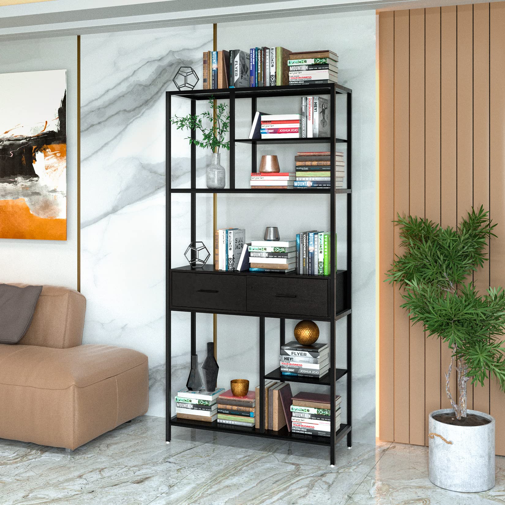 unho Librería con Cajón Industrial, Estantería Alta con Estantes de Almacenamiento de 5 Niveles, Marco de Metal y Gabinete de Madera, Estantería Independiente para Libros para Oficina en Casa