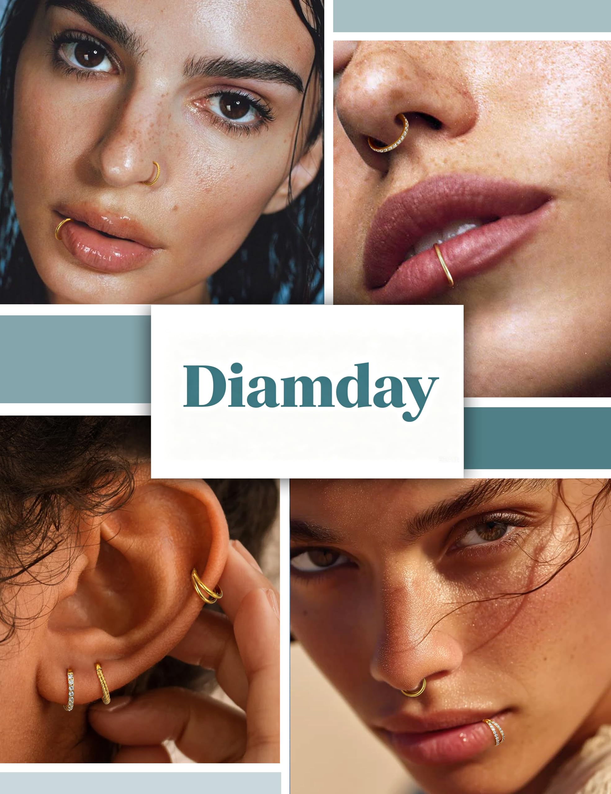 Diamday 5Pcs 18G 16G Surgical Steel Nose Rings Hoop for Women CZ Clicker Hinged Septum Ring Lip Helix Cartilage Double Hoop Earring Daith Rook Conch Body Piercing Jewelry for Women 8mm 10mm