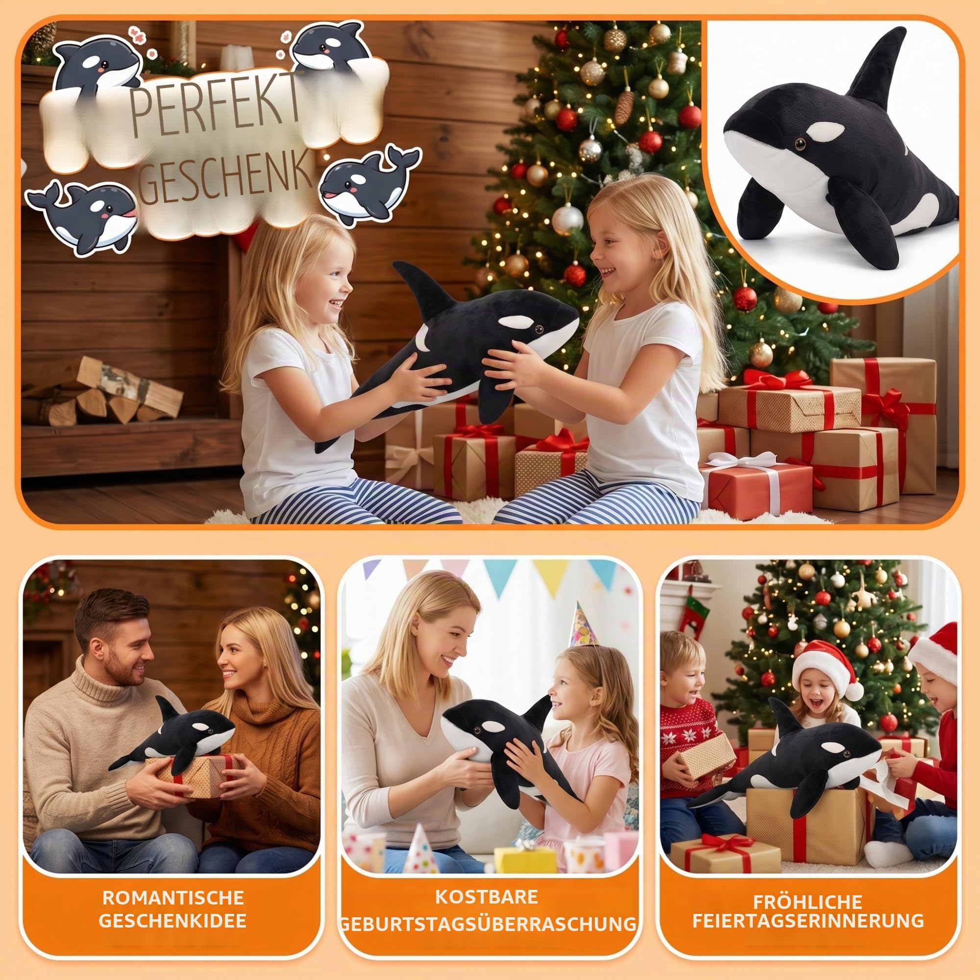 Realistisches Orca-Wal-Plüschtier, Riesiger, Weicher Und Kuscheliger Killerwal, Stofftier for Kinder Und Erwachsene, Heimdekoration(130cm/51.2in)