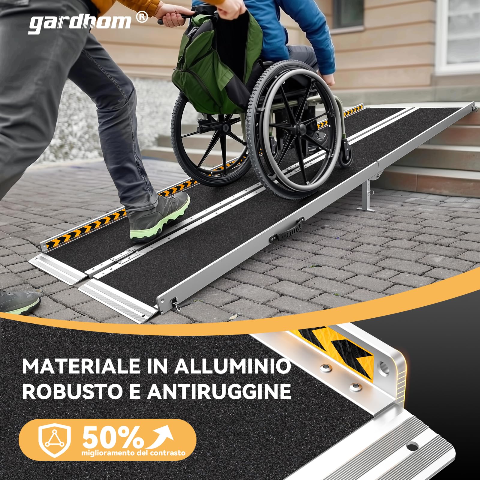 gardhom Rampe per Sedia a Rotelle 152 * 72 Rampa Disabili Pieghevole Capacità 800 lbs Rampe per Disabili per Porta Gradini Scale Handicap