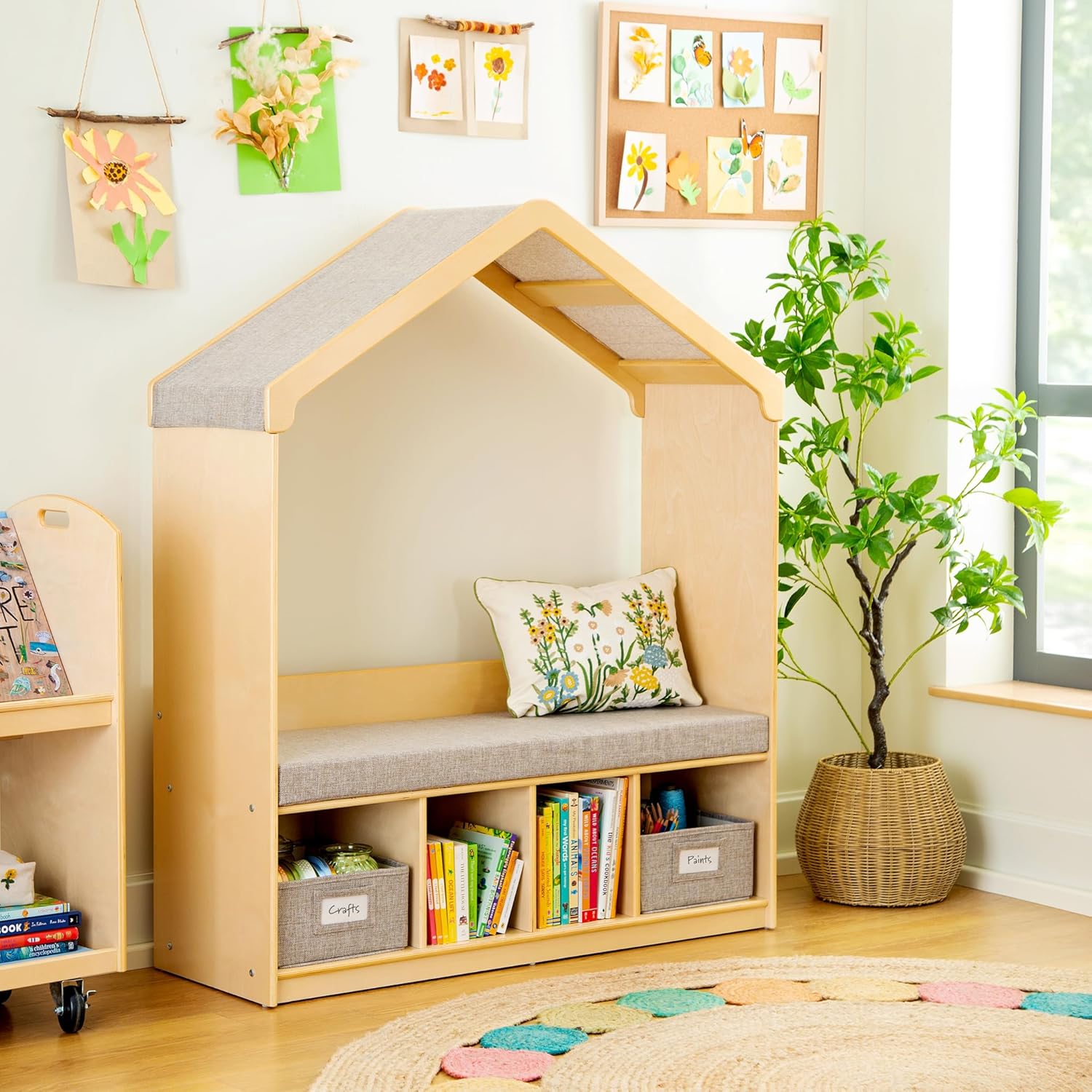 Guidecraft EdQ Kids' Reading Nook - Natural: Wooden Storage Bench Bookcase Organizer with Divided Cubbies and Bins for Books and Toys | Preschool and Homeschool Furniture