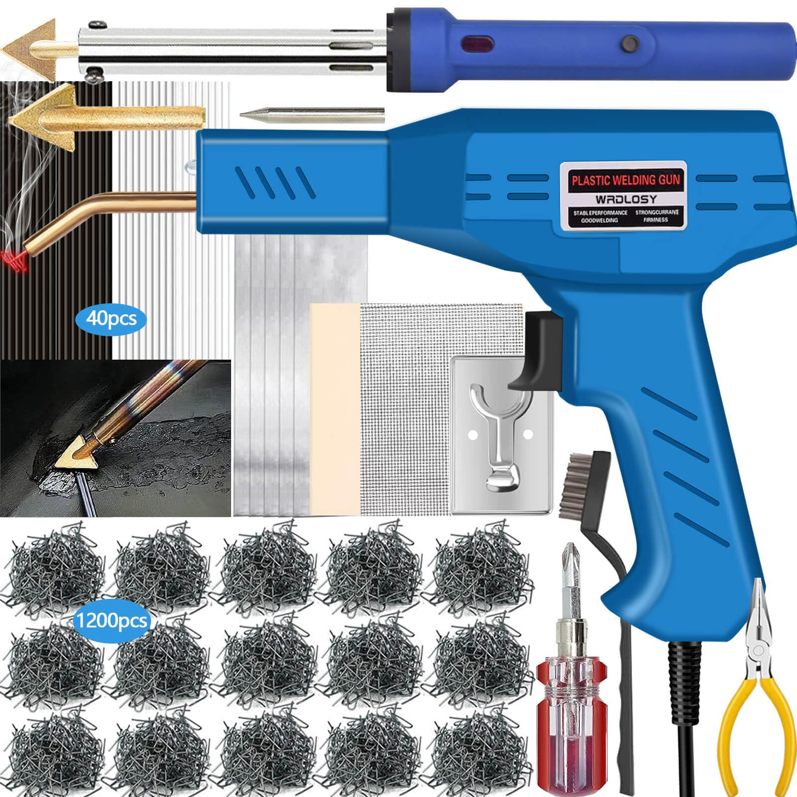 220W Plastic Welder, 1200PCS Staples 40PCS Rods Plastic Welding Kit, 5 in 1 Welding Tips Tape Sandpaper Wire Mesh Stand Metal Brush Screwdriver Plastic Welder Kit Bumper Repair Kit (Blue)