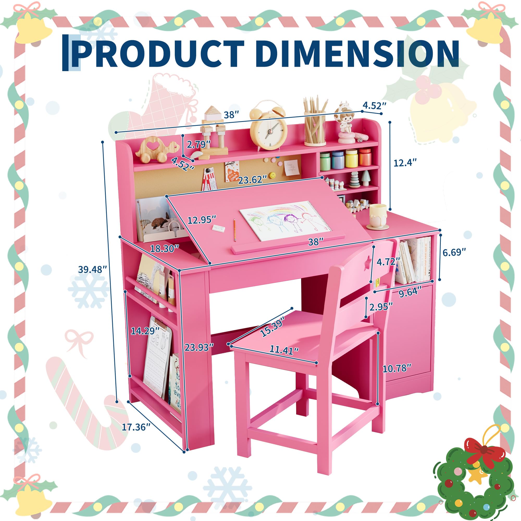 Escritorio Infantil 2 en 1 con 0-40° Soporte Elevador de Escritorio, Mesa con Silla Escritorio de Madera, Estante para Libros, Área de Almacenamiento y Taquilla con Puerta, 3+