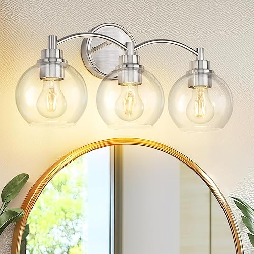 Lámpara de baño de 3 luces, lámpara de tocador de níquel cepillado sobre el espejo, aplique de pared de vidrio globo, ZCVL02BN-3