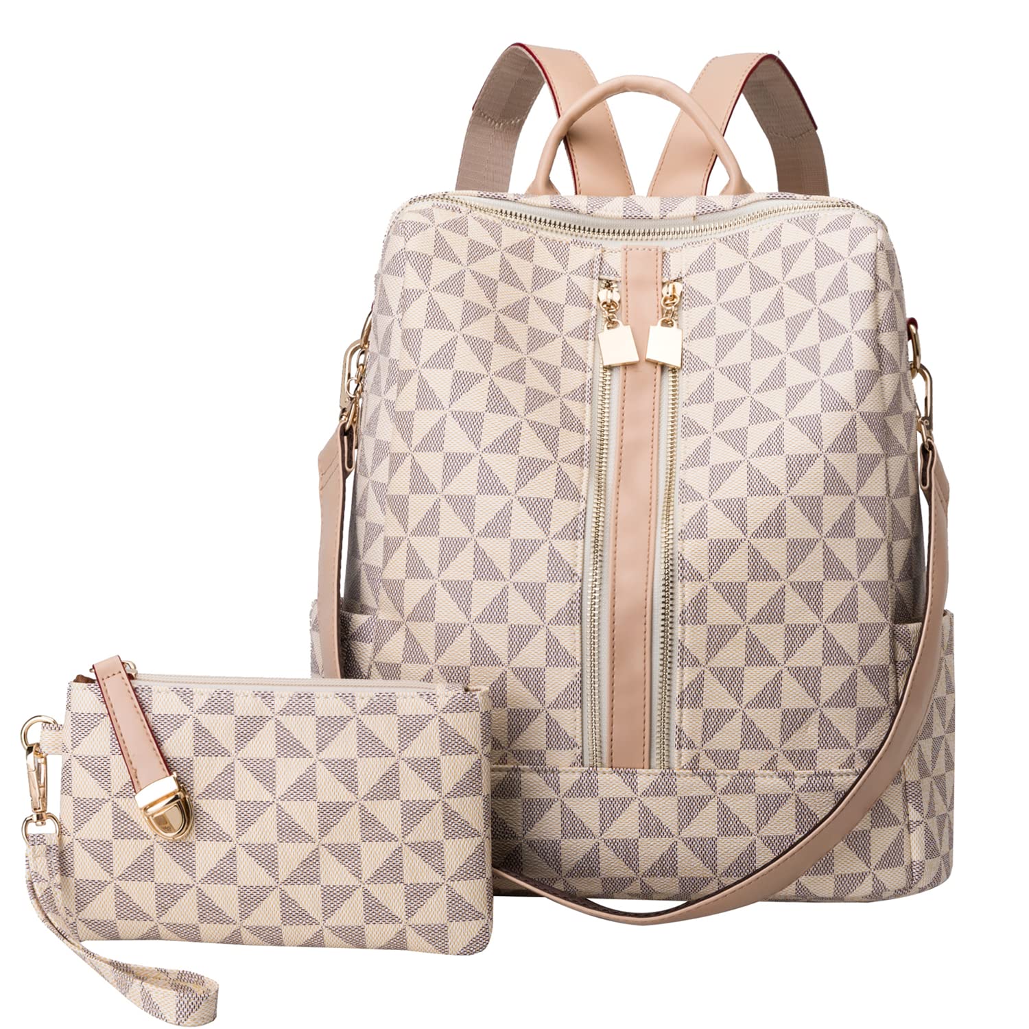 Damen Rucksack Leder mit Wallet, Lederrucksack Diamantmuster mit Schultergurt als Umhängetasche, Elegant Stilvoll Tasche Backpack Große Mode Bag für Arbeit Schule Reise