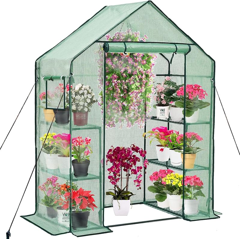 Purlyu Invernadero para exteriores con ventanas laterales de malla, 3 niveles, 6 estantes, cubierta de PE, invernadero, casa cálida portátil para plántulas, flores, cultivo, 20 piezas, etiquetas para plantas tipo T incluidas (GHW001G)