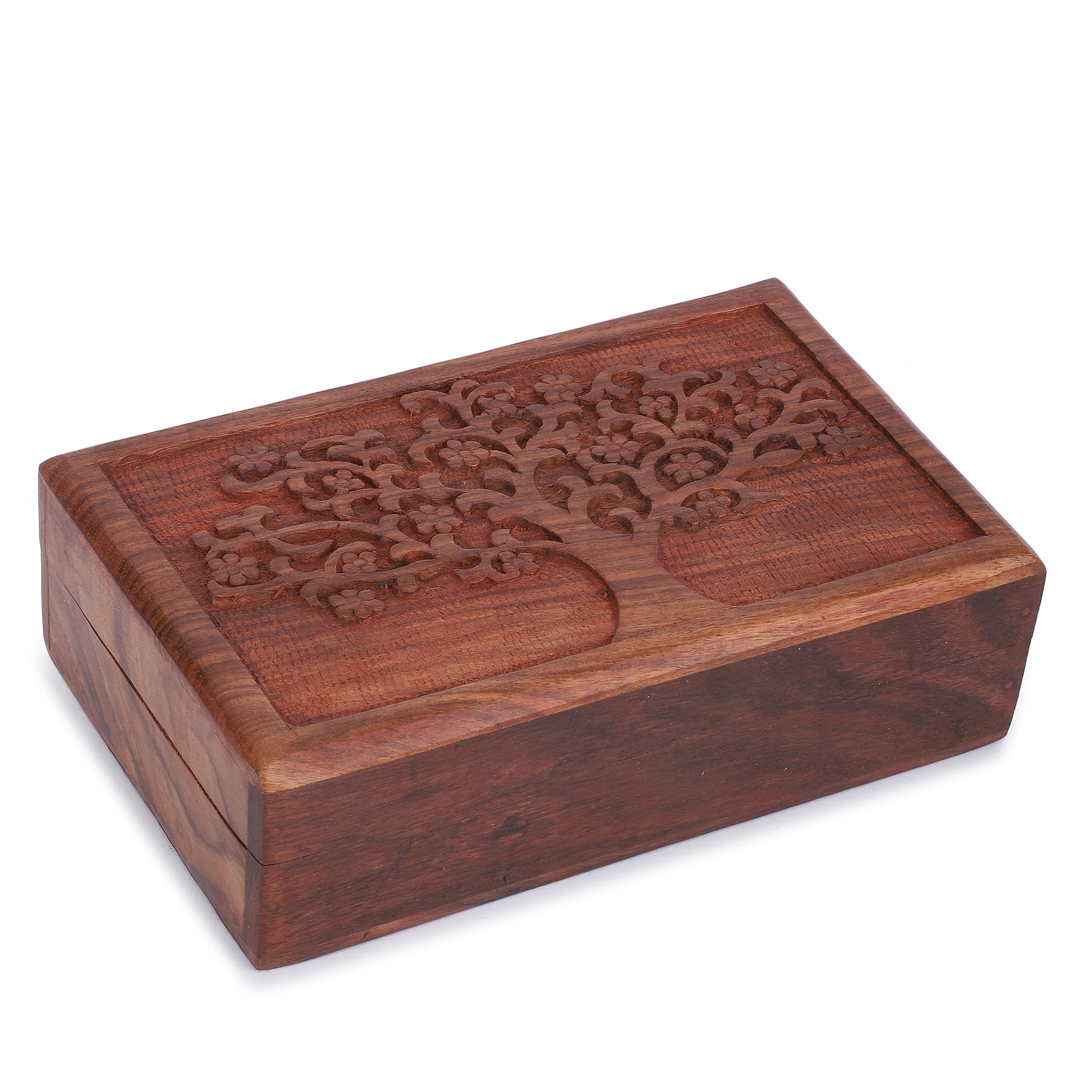 Ajuny Brown Hand Carved Wooden Decorative Treasure Chest Box - Multipurpose Use Jewelry Storage Case Organizer Keepsake Watch Box Great For Gifts - 8X5 Inch