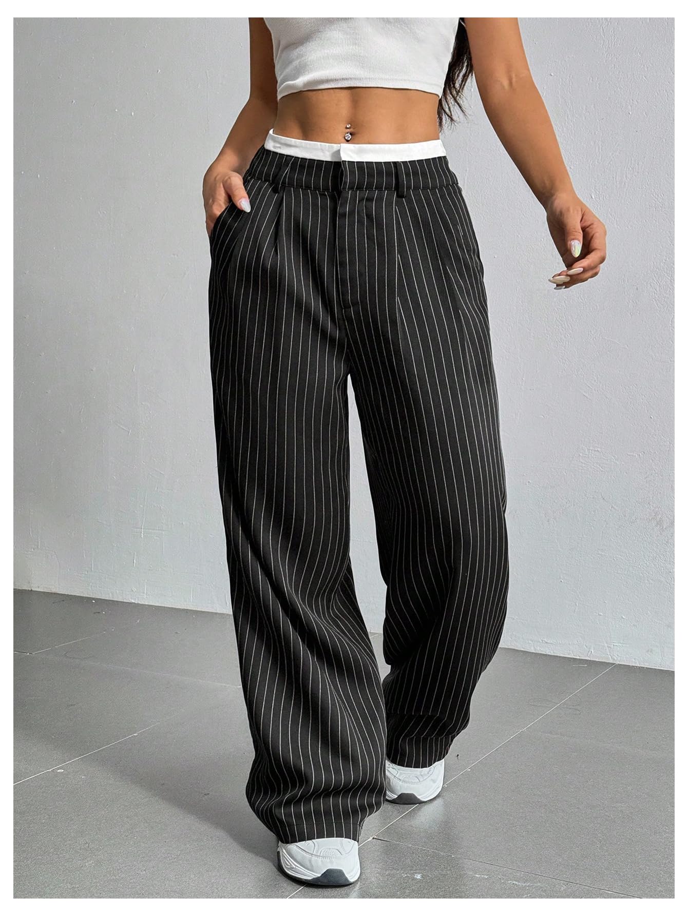SOLY HUX Women's Striped Pants Color Block High Waisted Wide Leg Casual Work Office Long Trousers