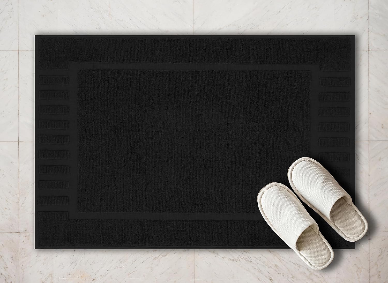 White Classic Luxury Bath Mat Floor Towel Set - Absorbent Cotton Hotel Spa Shower/Bathtub Mats [Not a Bathroom Rug] 22"x34" | 2 Pack | Black