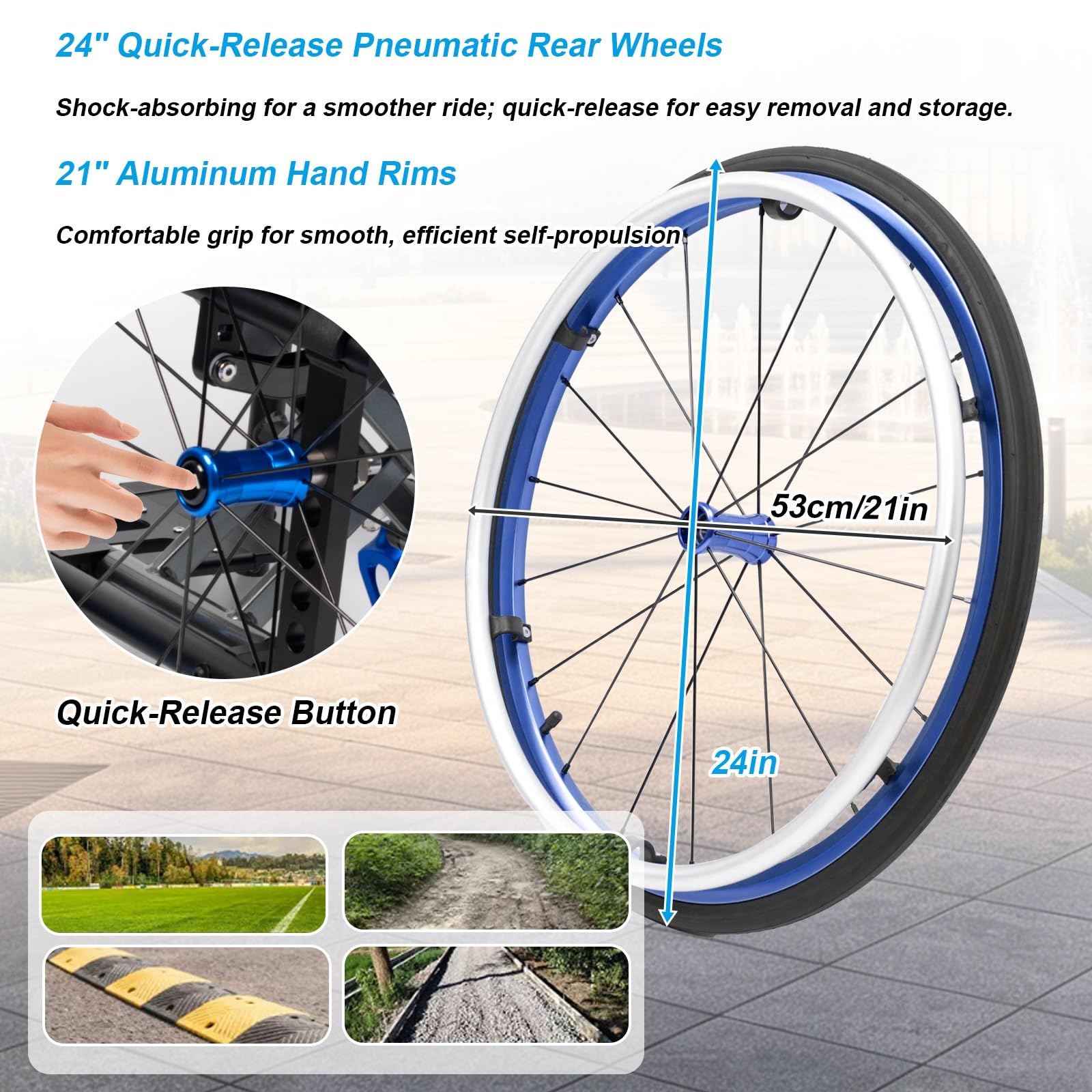 Silla de ruedas plegable ligera,de Aluminio, Viaje de embarque | [Autopropulsable, Reposapiés Extraíbles, Aluminio,Ultraligera, Frenos de acompañante](Blue,44cm/17.3in Seat)