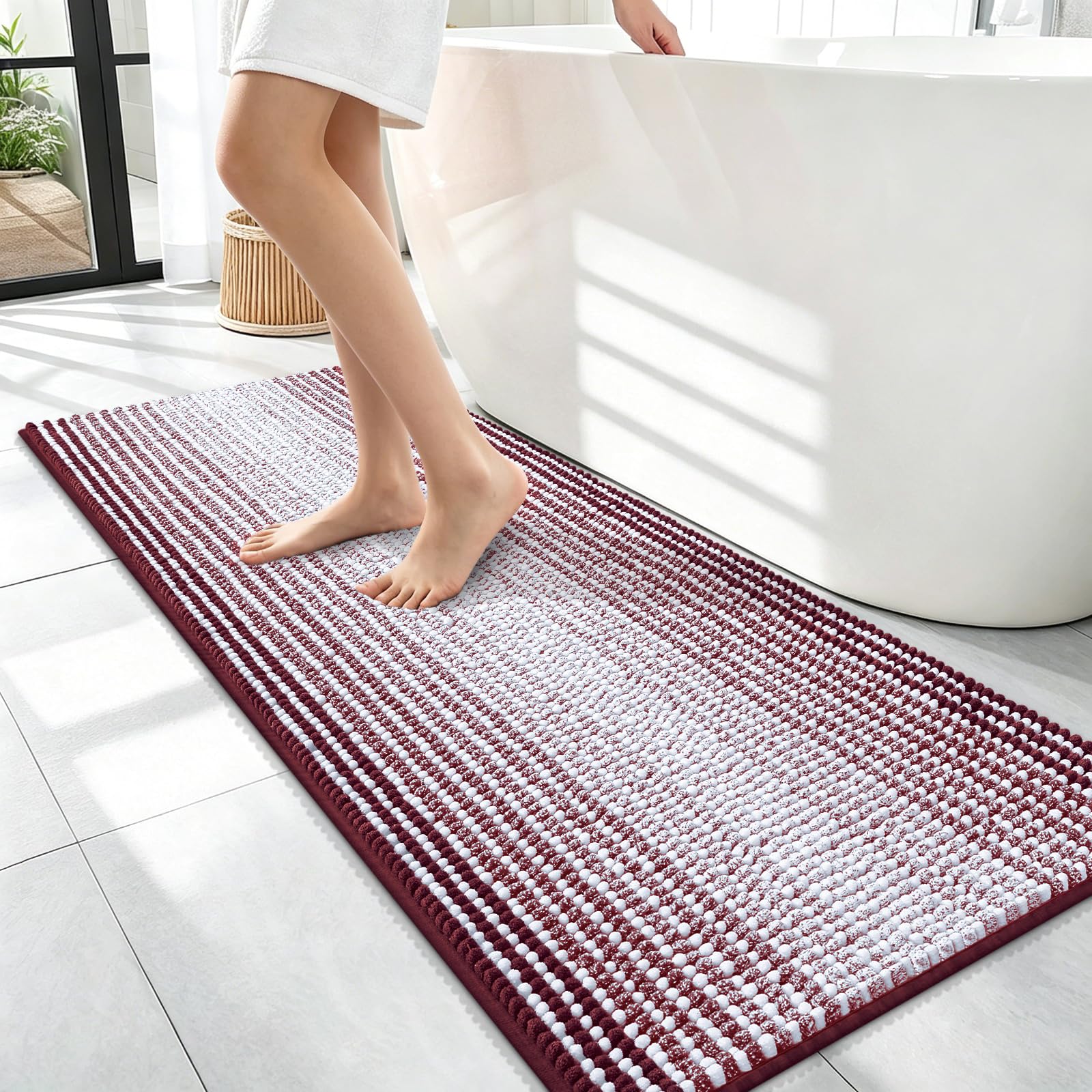 OLANLY Bathroom Runner Rugs 47x17, Chenille Striped Bath Rugs, Burgundy