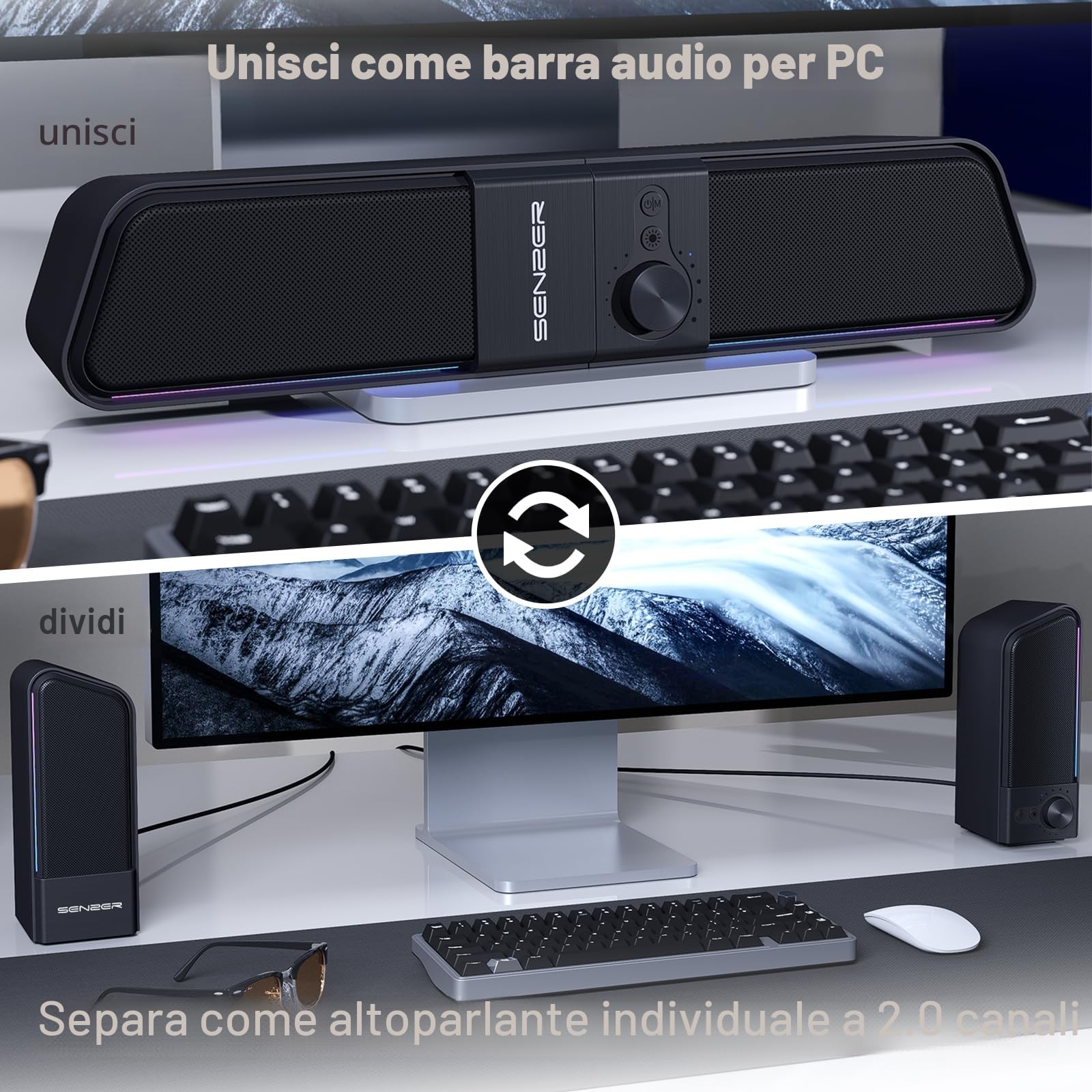 Senzer CS20 Casse Pc, Casses Usb Bluetooth Flowing LED Gaming SoundBar, Casse per Pc Computer Portatile (Not 3.5Aux)