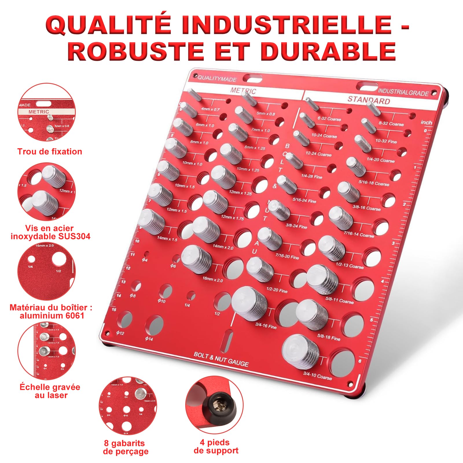 Jauge de filetage 44 trous - Testeur de filetage 4 en 1 en alliage d'aluminium avec filetage métrique et impérial, pour mesurer les dimensions des écrous et des vis, mesurer la longueur et le diamètre