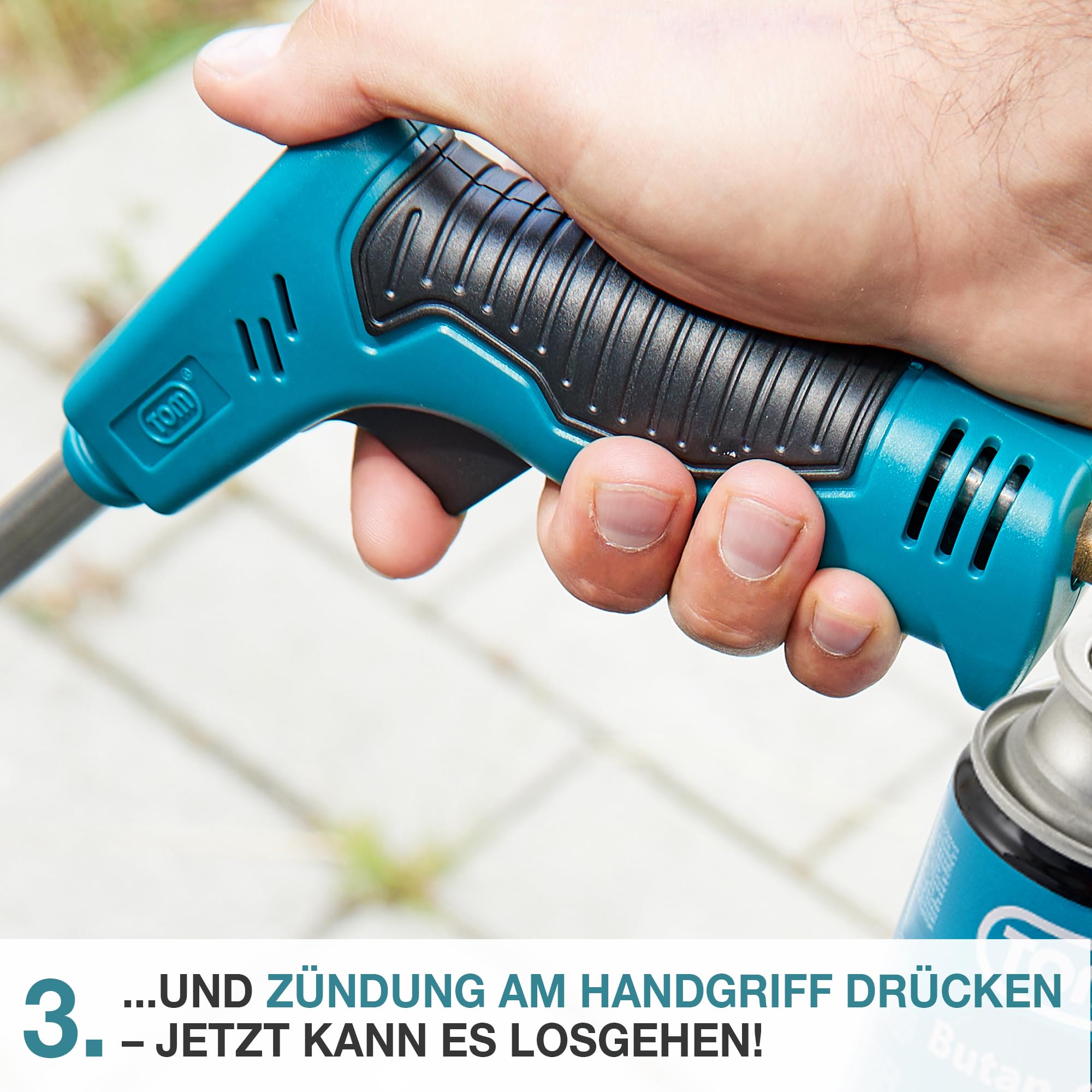 TOM Gas Unkrautbrenner Set + 8 x 400 ml Universal Gasflasche mit Schraubgewinde – Abflämmgerät ideal zur Unkrautvernichtung auf Pflastersteinen, Gehwege, Pflasterfugen