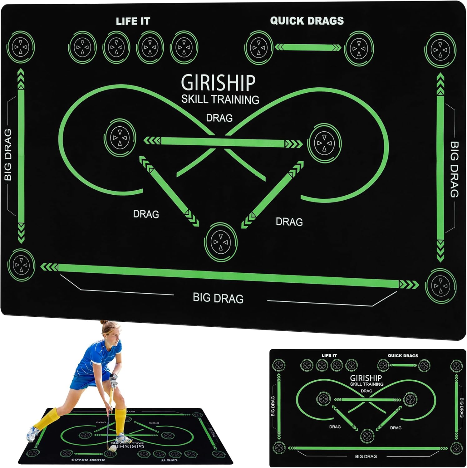 Field Hockey Training Mat 59" x 35.4" Quiet Indoor Dribbling Board for Ball Control - Non-Slip Stickhandling Pad with Visual Drills - Portable Floor Protector for Practice Green 59" x 35.4"
