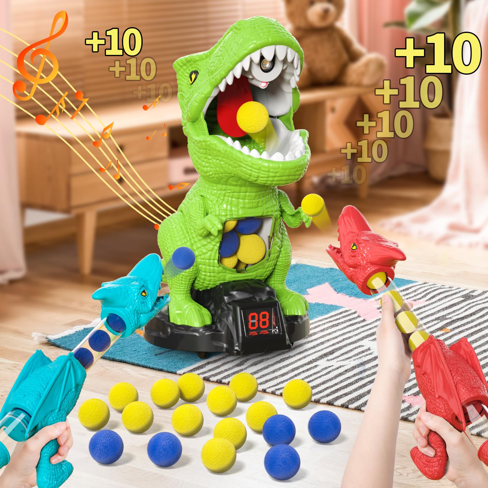 Bewegliches Dino-Zielscheibe Set, Schießspielzeug für Kinder, Dinosaurier Spielzeug, Outdoor Spiele Kinderspielzeug, Geschenk Junge 4 5 6 7 Jahren, 2 Popper-Pistolen, 48 Schaumbälle