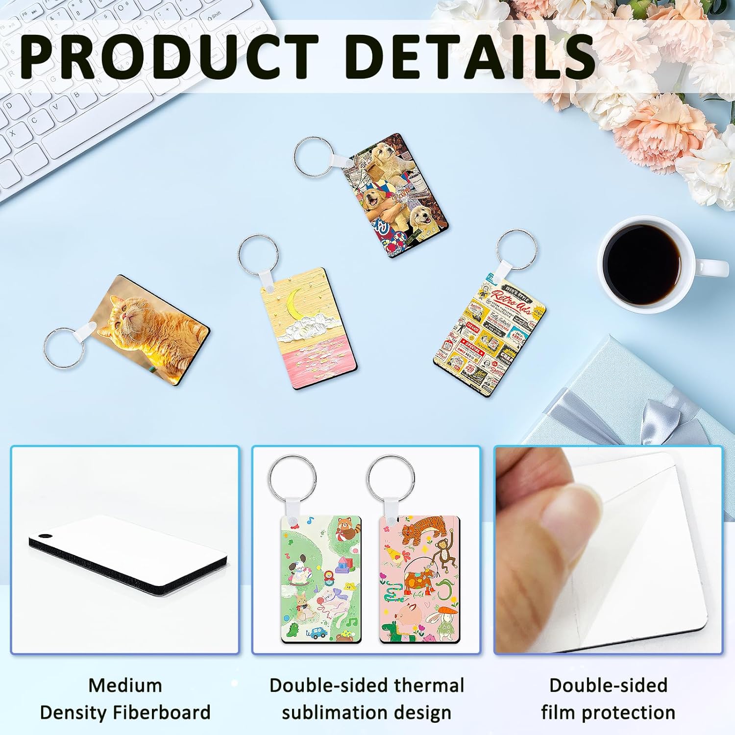 100 Pack Sublimation Keychain Blanks, MDF Double Sided Sublimation Blanks Keychain with 100 Rings and Clips for DIY and Custom Design Work - Image 4