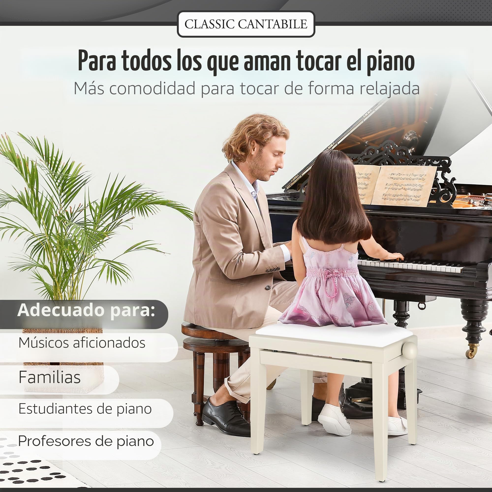 Classic Cantabile Banco para Piano Madera de Fresno Blanca Mate