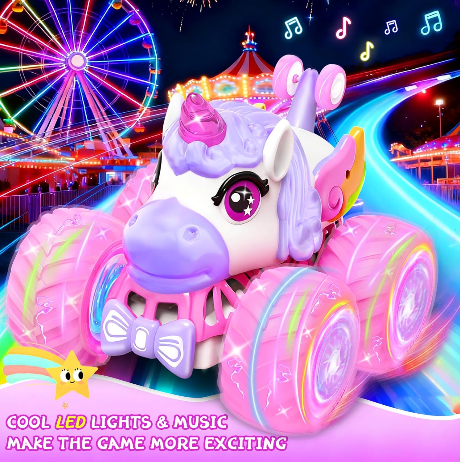 Remote Control Car for Girls, Unicorn Toys for Girls Age 3+, 360° Rotating 4WD 2.4 GHz RC Stunt Cars with Light and Music, Unicorn Birthday Gifts Presents for 3 4-6 6-8