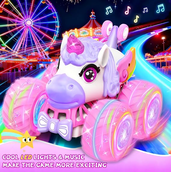 Remote Control Car for Girls - Unicorn Gifts for Girls Age 3+ | 360° Rotating 4WD 2.4 GHz RC Stunt Car with LED Lights, Unicorn Toys Birthday Gifts Presents for Girl 3 4 5 6 7 8
