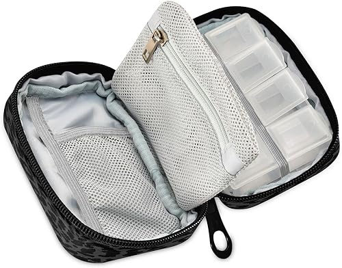 Miniatura 2 de xigua Pastillero de viaje de 7 días de leopardo negro, bolsa organizadora de píldoras portátil semanal con cremallera para suplemento vitamínico,