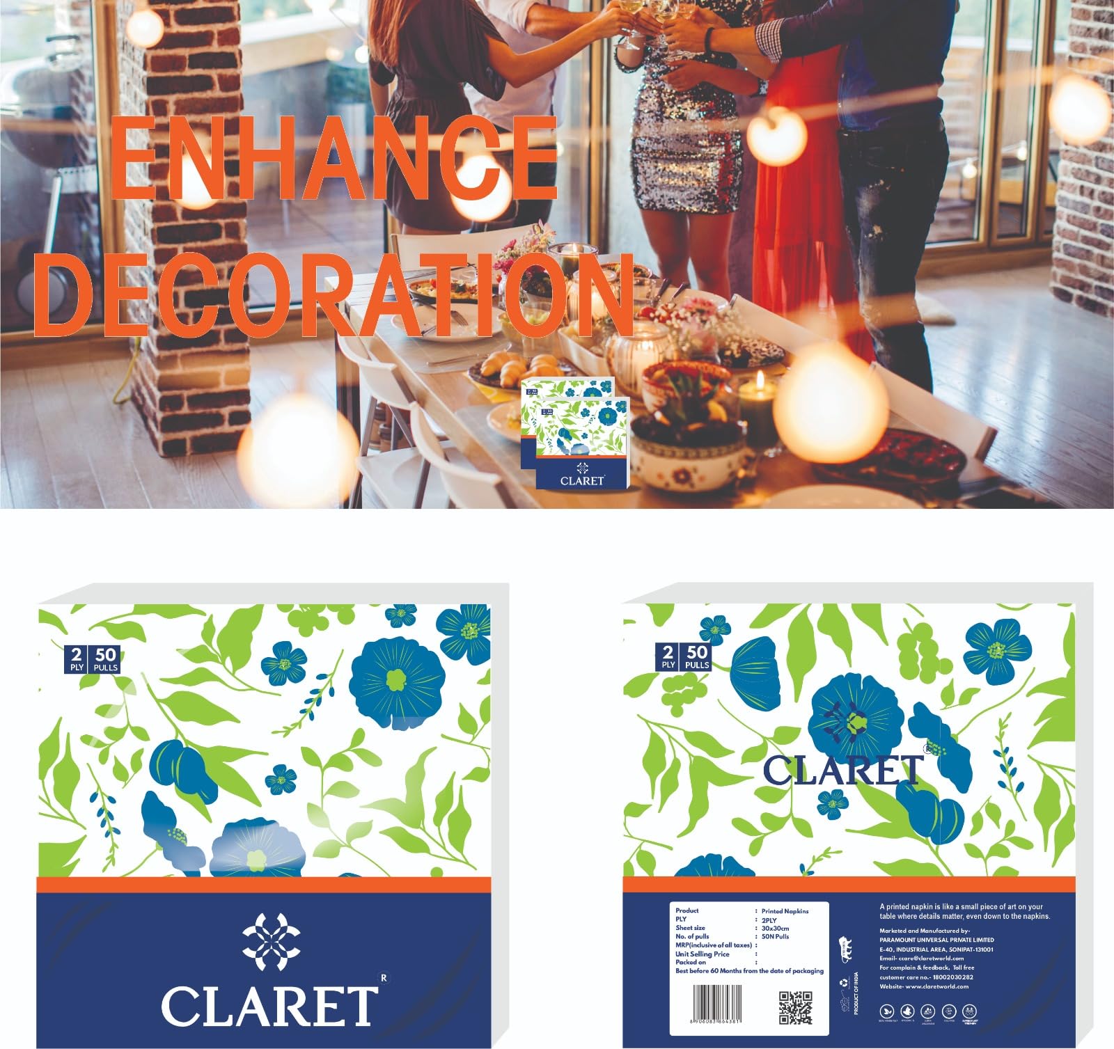 Claret 2-Ply Printed Table Napkins, Multi Design and Colors, 50 Sheets per Pack, 3 Packs, 30x30 cm - Soft, Absorbent, Napkins for Daily Use, Dining, Parties, Events and Special Occasions - Image 5 thumbnail