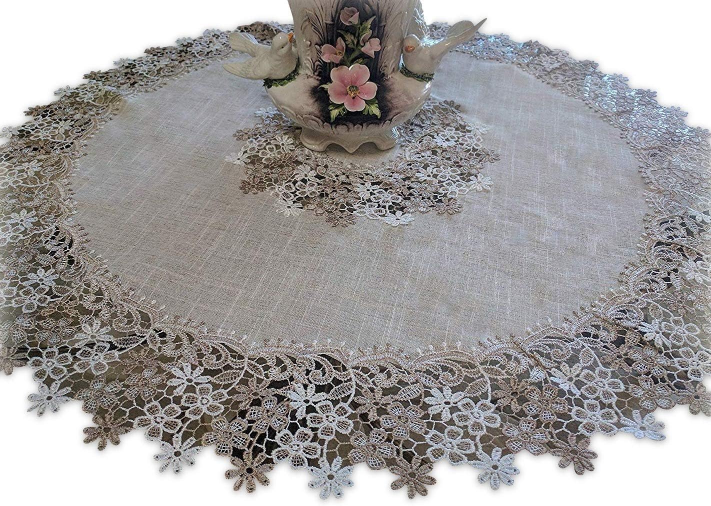 Galleria di Giovanni Table Topper Doily Sophisticated Floral Lace Round Dresser Scarf Neutral Earth Tones Tablecloth Round