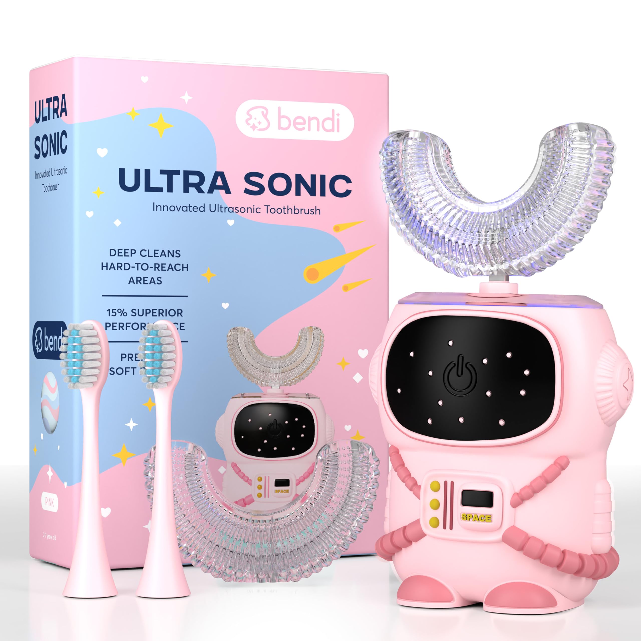 Bendi Sensory 360 Round U-Shaped Astronaut Design Mouthguard Electric Toothbrush for Kids Ages 2-7 - Automatic Memory Function - 5 Modes Toothbrush with Multiple Heads – Kids Travel Essentials (Pink)