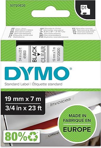 DYMO Etiquetas auténticas D1 | Impresión negra sobre cinta transparente | 0.748 in x 23.0 ft | Etiquetas autoadhesivas para etiquetadoras