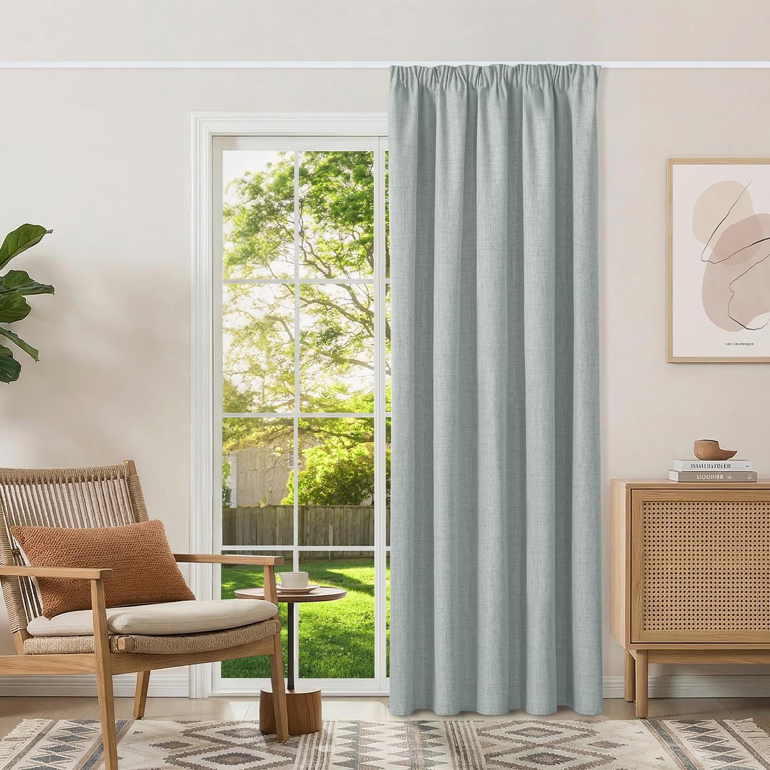 Runyéla 100% Blackout Curtains Pencil Pleat Linen Curtain for Bedroom Living Room Thermal Insulated Custom Size 2 Panels Sage Green
