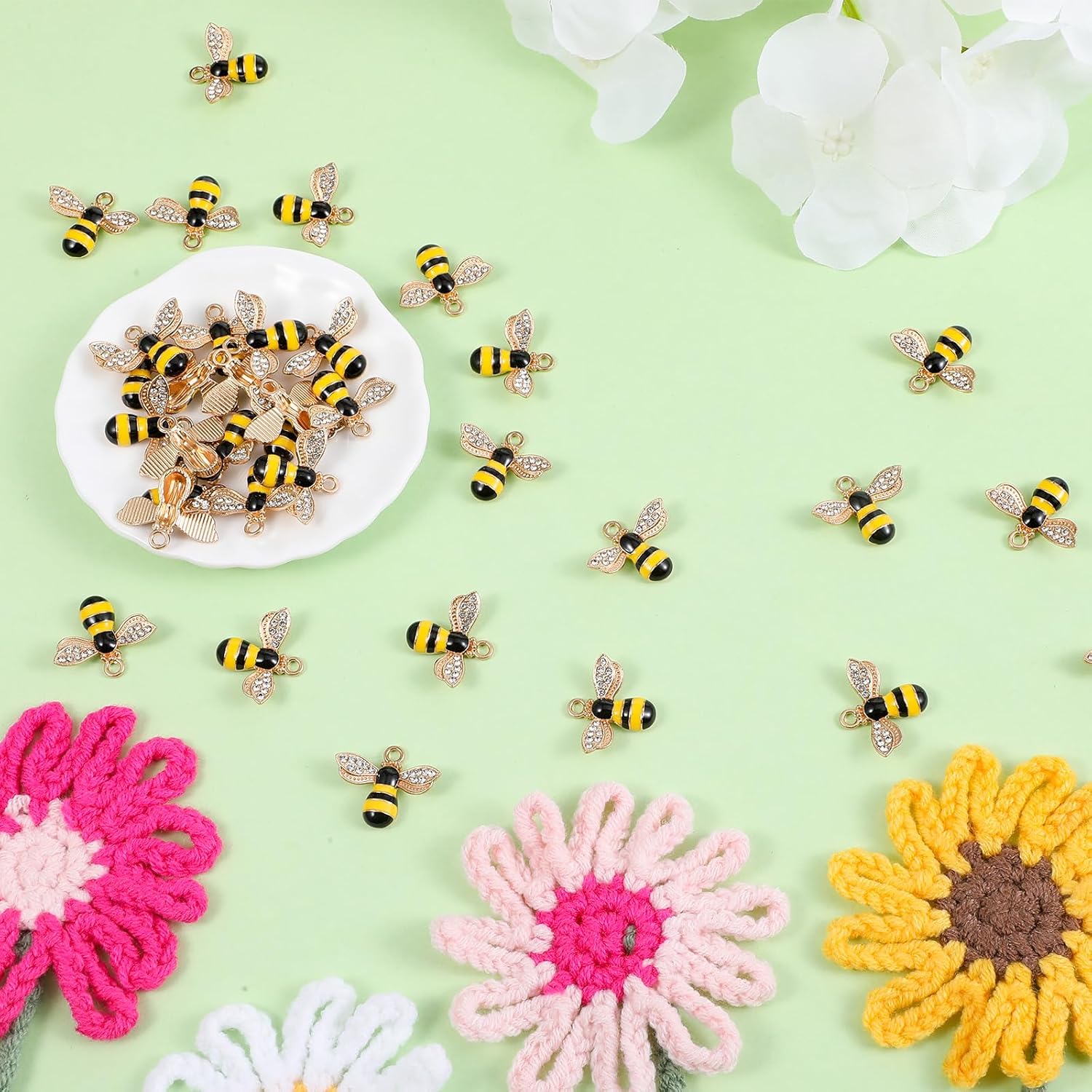 40 Pcs Bee Charms Pendants with Rhinestone, Enamel Honeybee Jewelry Craft Charm Cute Metal Gold Bee Pendants with Holes Jewelry Making Charms for DIY Necklace Bracelet Earring Handmade Craft - Image 7