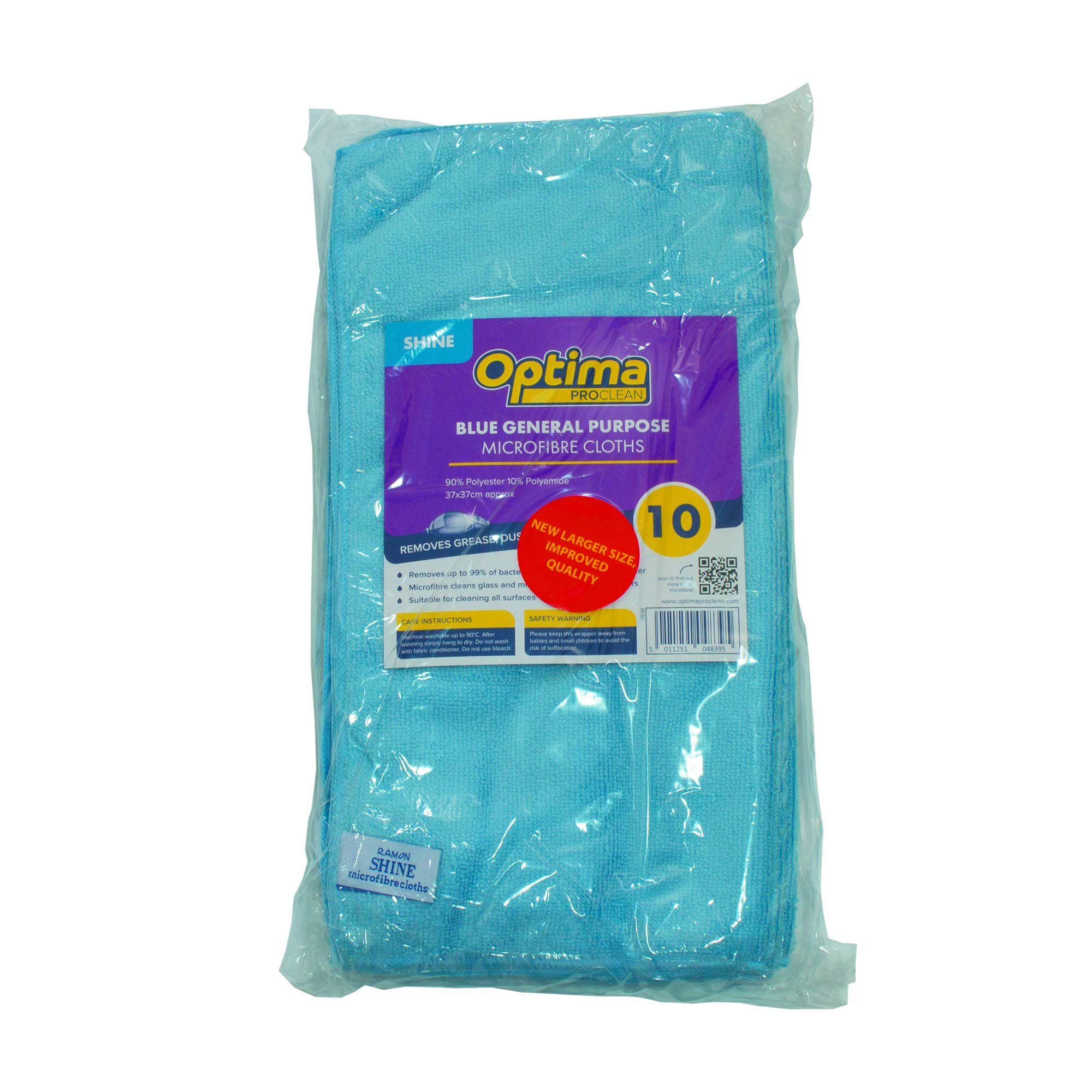 Optima Proclean Shine Microfibre Cleaning Cloth, Blue, Pack of 10, Large Size: 40x40cm. Super Soft Low Lint Streak Free Washable Cloth Duster for Kitchen, Bathrooms, Surfaces, Mirrors, Cars