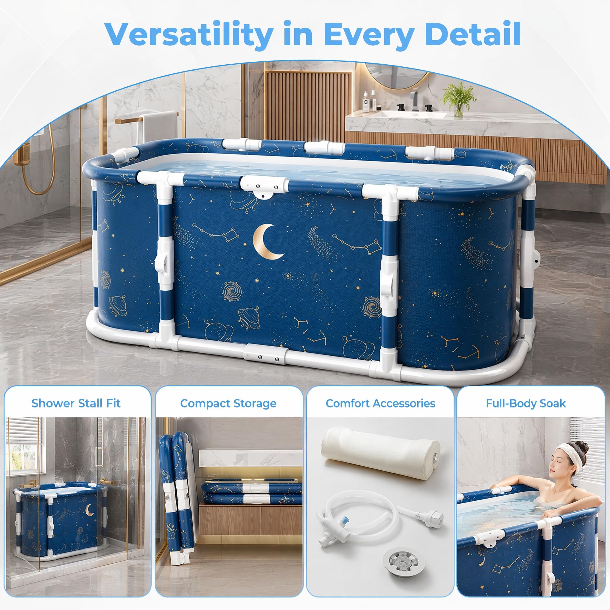 120×60×50cm faltbare Badewanne Erwachsene, tragbar mit Duschanschluss | Für Eisbad & Warmspa, innen & außen nutzbar, platzsparend zusammenklappbar ohne Montage