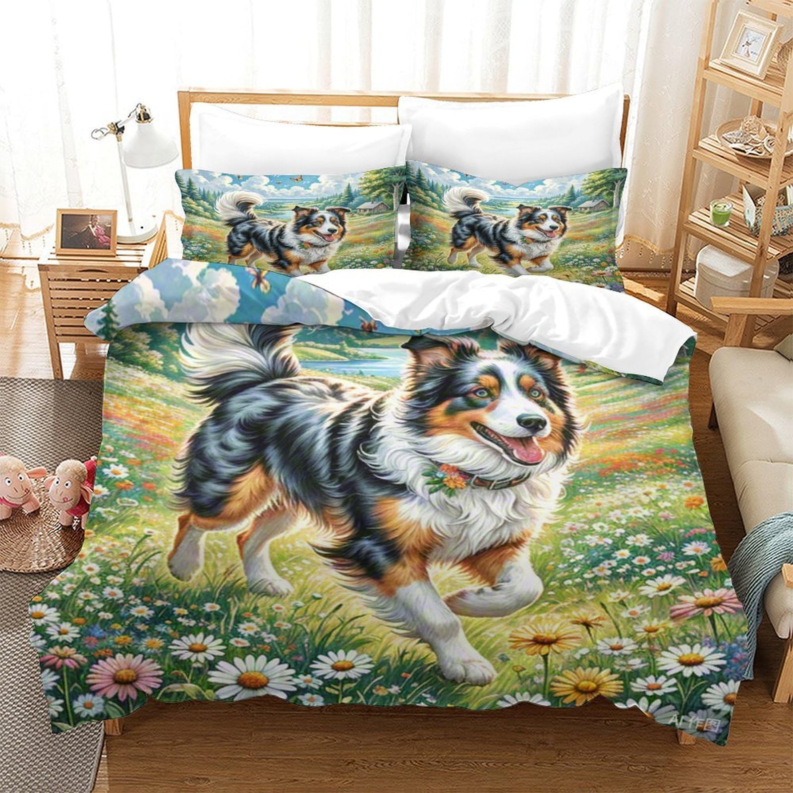 Housse de couette Border Collie 140x200 infroissable pour lit d'enfant