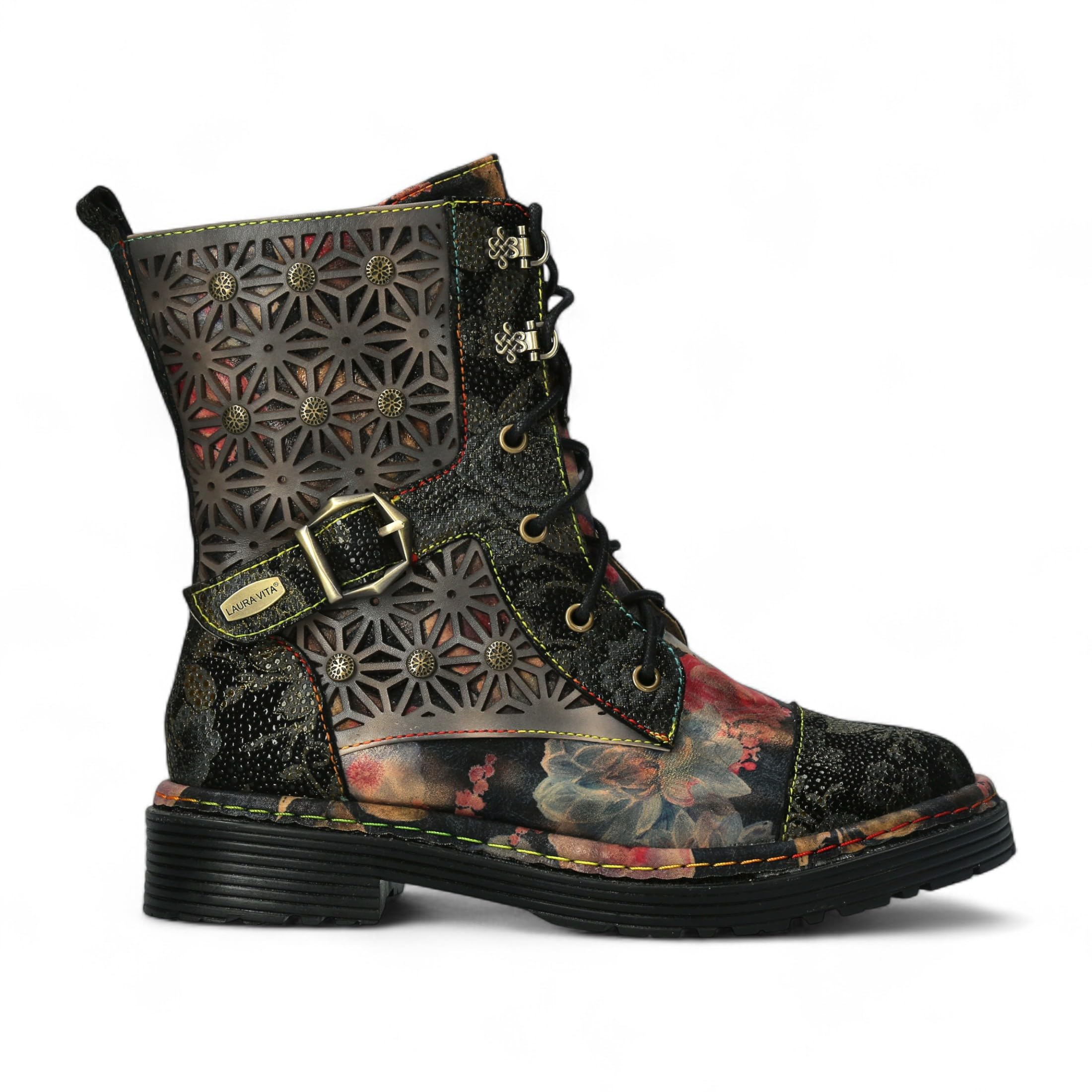 Laura Vita Womens Incaso-36 Gothic Victorian Floral Leather Lace-Up High Ankle Boots Side Zip Closure