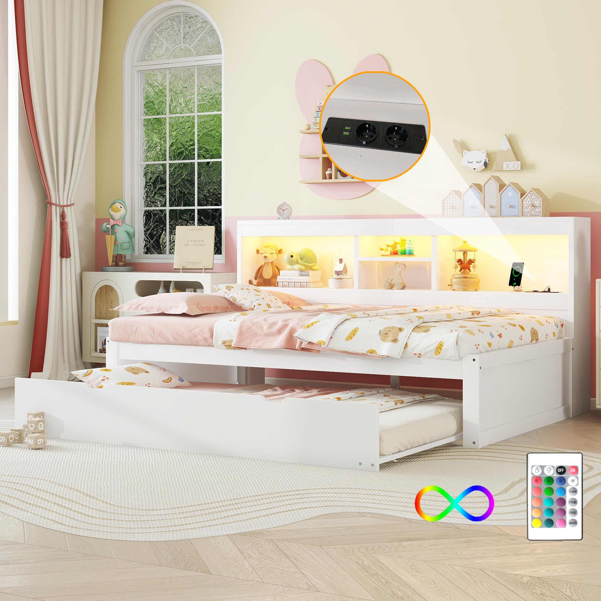 Soweiz Sofá cama, cama de día, iluminación ambiental teledirigida, compartimento de almacenamiento lateral de la cama, cama extraíble, enchufe + USB, sin colchón, camas para niños y niñas (blanco, 90