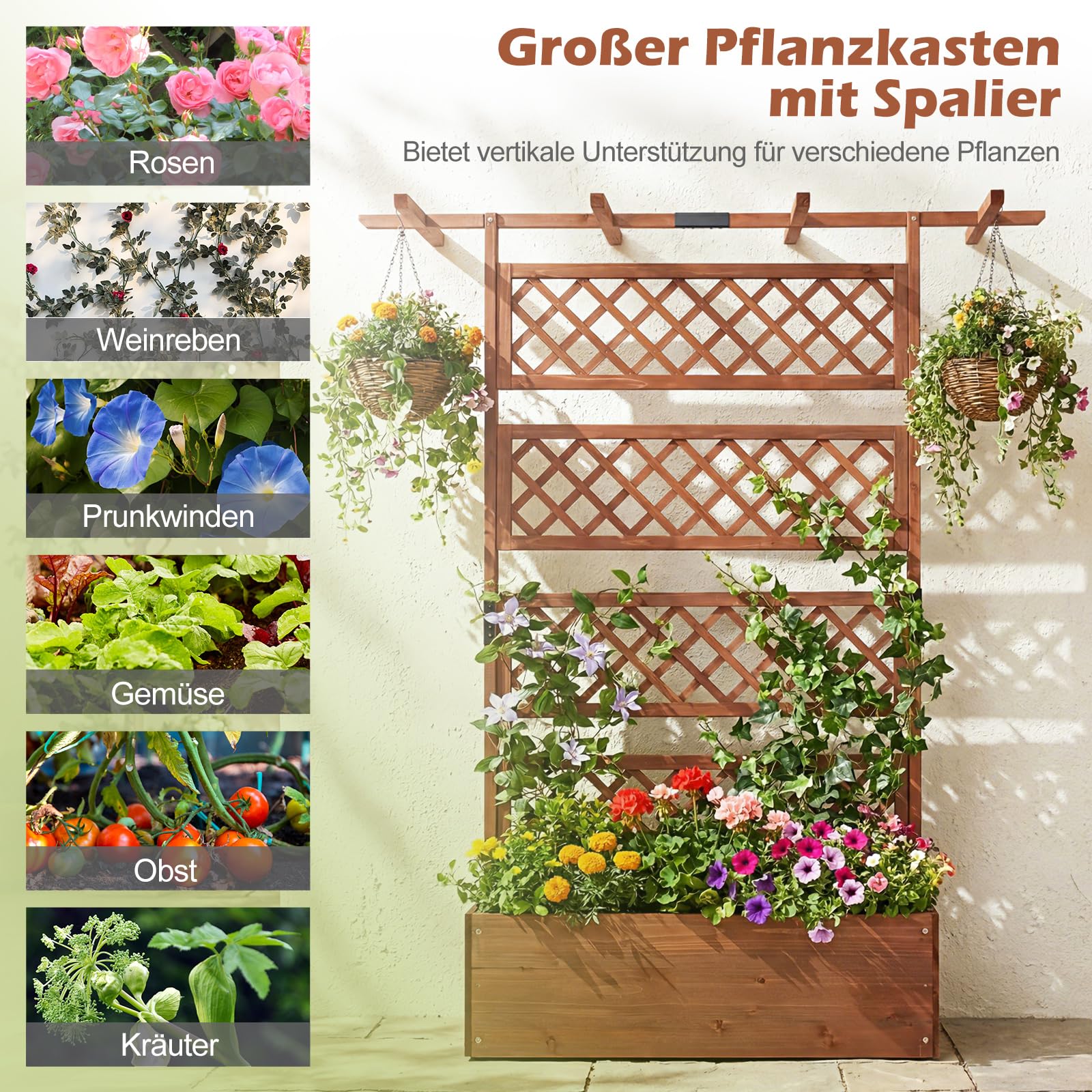 COSTWAY Blumenkasten mit Rankgitter & Dach, Pflanzkübel mit Sichtschutz, Pflanzkasten Tannenholz, Hochbeet mit Spalier, Drainagelöchern, Blumenkübel mit Rankhilfe für Kletterpflanzen, 100 x 55 x 183cm