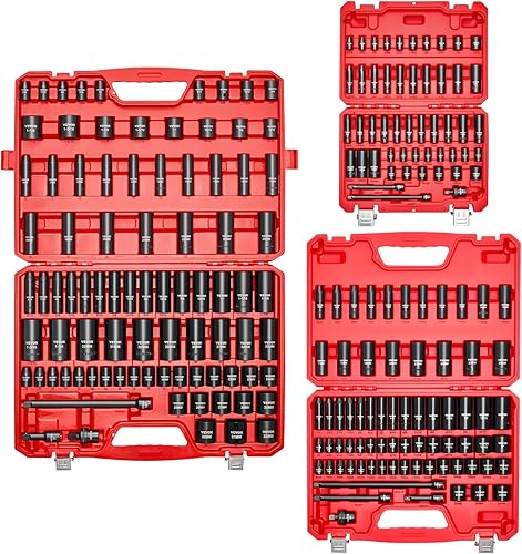Miniatura 9 de VEVOR Juego de llaves de impacto de 1/4, 3/8 y 1/2 pulgadas, 210 piezas métricas y estándar completas, profundo y poco profundo, CR-V, 6 puntos